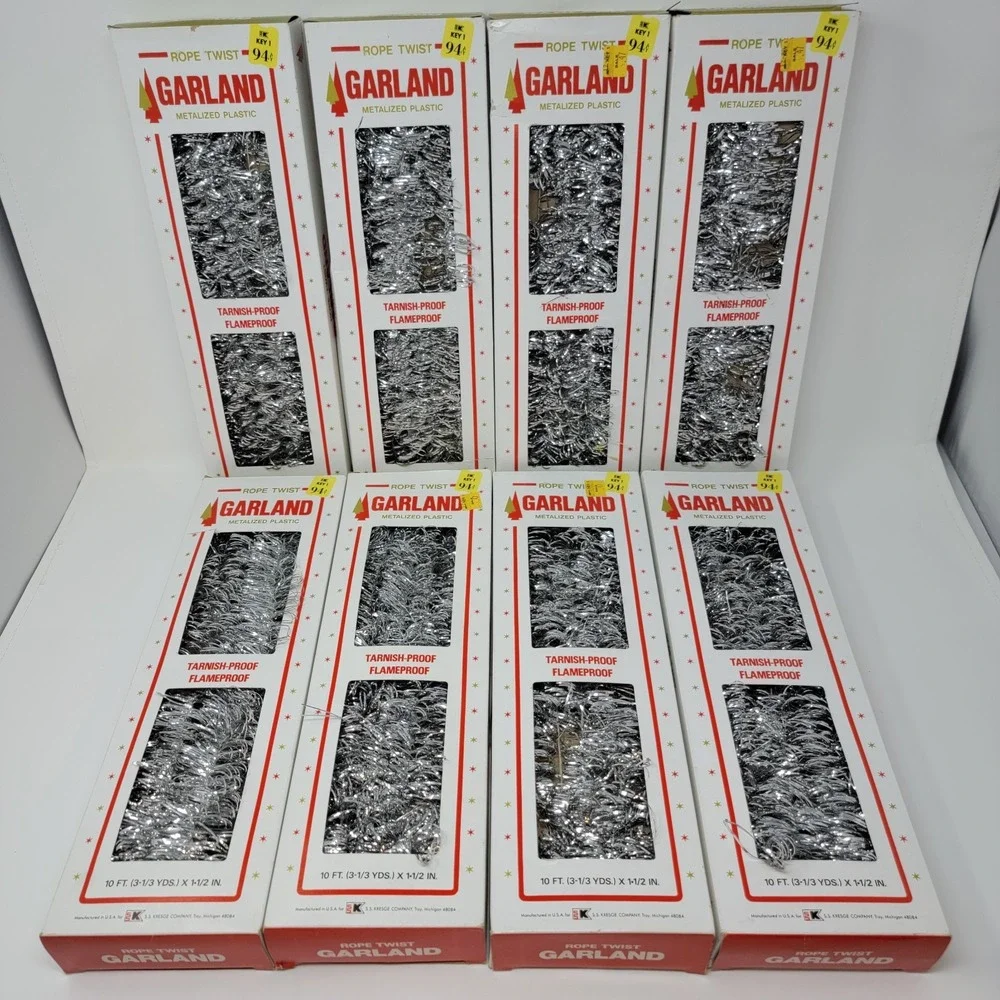 8 Boxes Vintage Silver Kresge Rope Twist Metalized Plastic Tinsel Garland  10 Ft